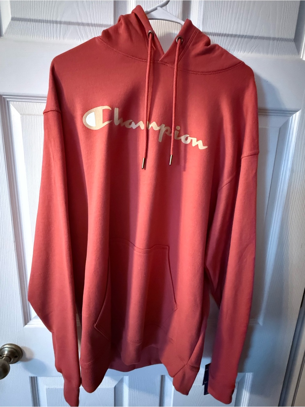 Champion Men's Coral-Red Hoodie with Script Logo